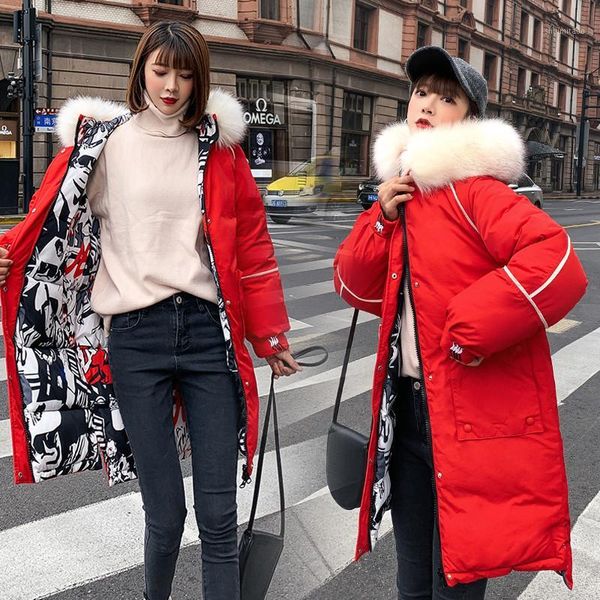 

women's jacket 2020 winter clothes women faux big fur collar double side down cotton oversize printing coat mujer parkas lxr2461, Black
