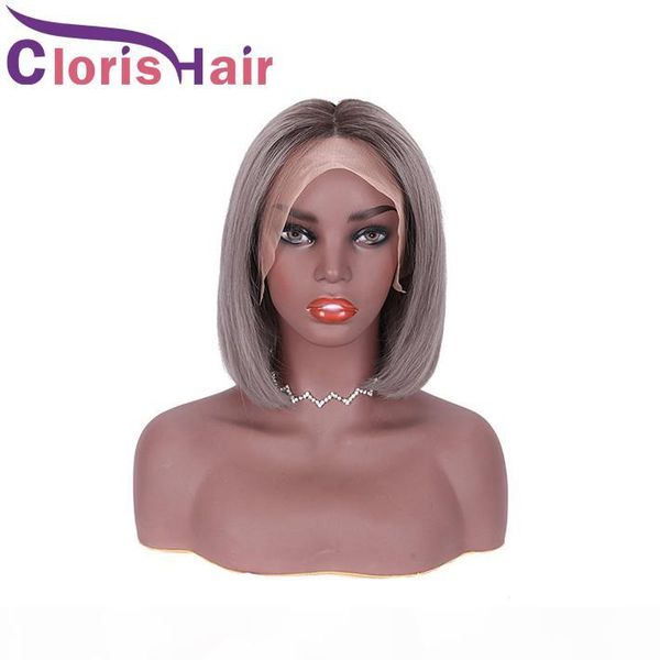 

dark roots grey short bob wig 150% density pixie cut straight brazilian human hair lace front wigs for black women glueless gray ombre wig, Black;brown