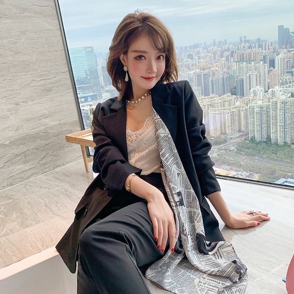 

double breasted fashion printed scarfsuit collar scarf straight pants suitwomen's dressautumn 2020 double breasted fashion printed scar, Gray