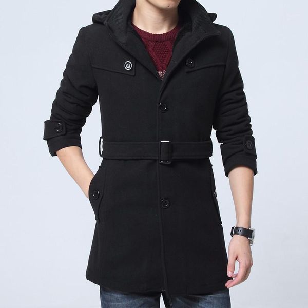 

men winter wool coat men's new solid color simple blends woolen pea coat1, Black