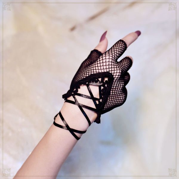 

gloves black lace up half finger lolita hollow fishing net steampunk gothic glove cool girl with tea party accesorios, Blue;gray