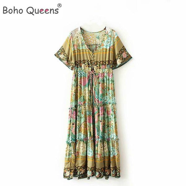 

boho queens women lace-up peacock floral print beach long bohemian midi dress ladies summer happie dress vestidos, Black;gray
