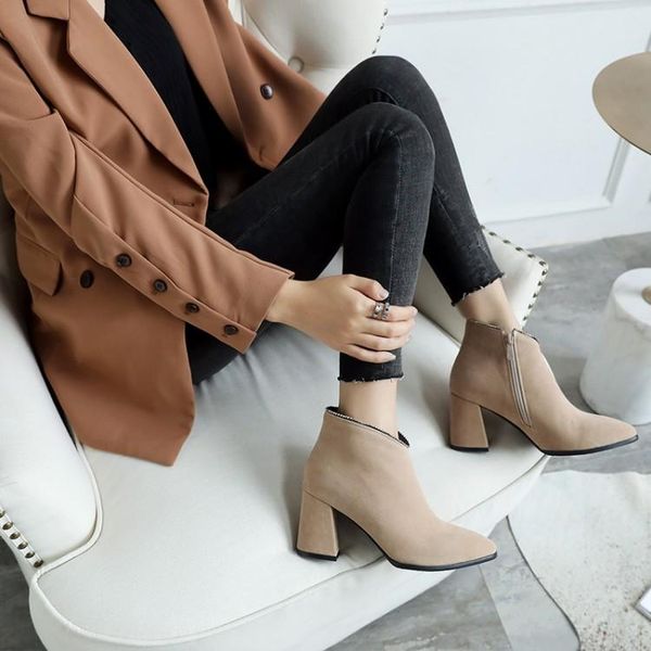 

big size ma'am coarse heel short boots metal decoration boot barrel suede high-heeled boots, Black