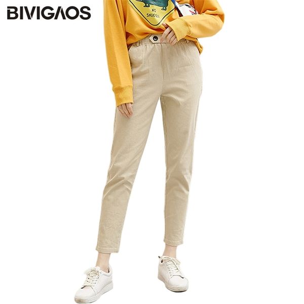 Bivigaos Mulheres Casual Harem Primavera Outono Lazer Cintura Alta Calças de Carga Loose Macacões Calças Khaki Bege LJ201029