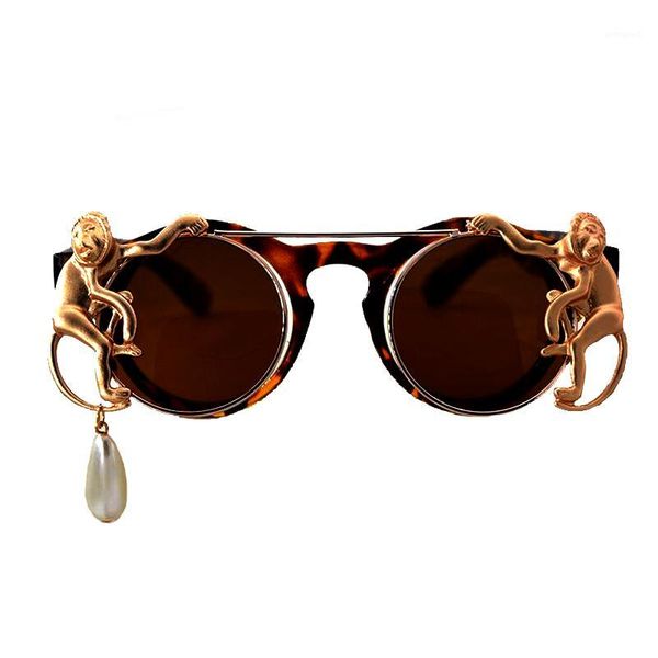 

sunglasses fashion metal monkey pearl chain decoration frame women mirror sun glasses men1, White;black