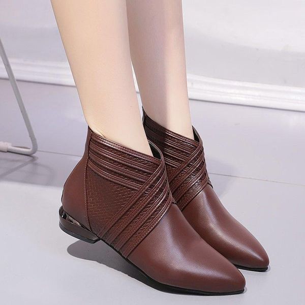

boots 2021 winter fashion women ankles plush leather pointed toe zipper buckle low heel female casual short zapatos, Black