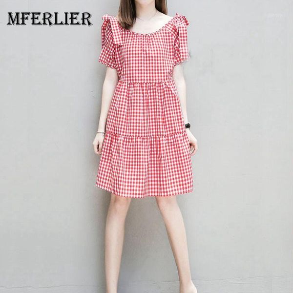

mferlier summer chic ladies dresses plus size o neck hollow out bow short sleeve pleated women summer mini plaid dress1, White;black