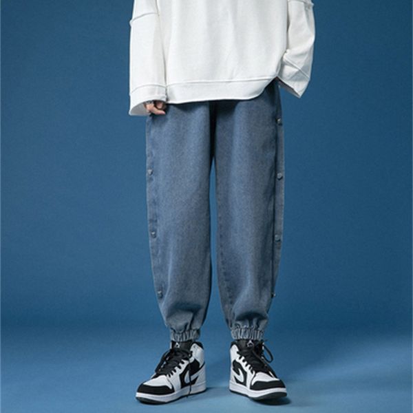 

2021 new autumn new buckle velvet feet breasted jeans size in straight male fashion lets loose hip pants i3v1, Blue