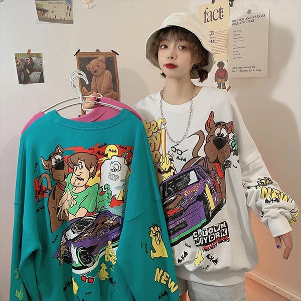 

2021 women fashion clothing autumn loose fun cartoon printed long plus size pullover hoody hoodies women, Black