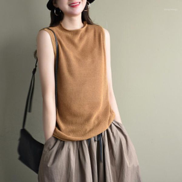 

2020 summer t-shirt fashion women knitting loose all-match pullovers o-neck sleeveless casual ladies t-shirt solid color1, White