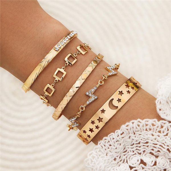 

bohemian 5pcs/sets gold bracelets fashion metal chain geometric hallow star moon bangles jewelry for women accessories, Black