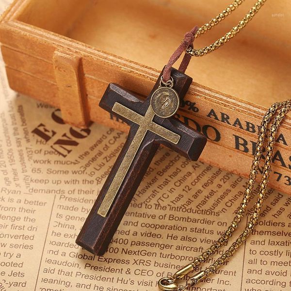 

new retro double-layer queen head coin wood cross necklace pendant for men women long chain necklace wooden jewelry gifts1, Silver