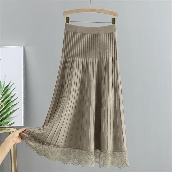 

autumn winter long knit women skirt lace high waist a line skirt rib thick warm midi party skirts female, Black