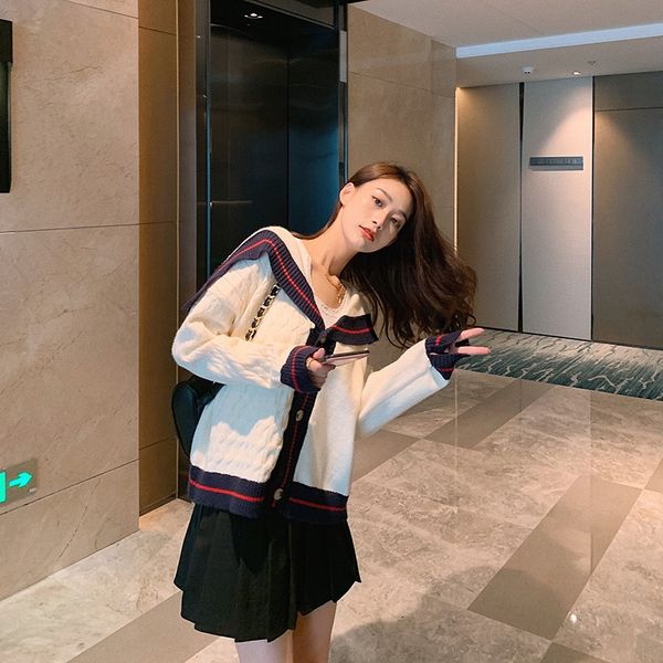 

2020 new korean style coat sweater jk sweater cardigan women's spring and autumn relaxed lazy style knitted coat 4x3yp, White;black