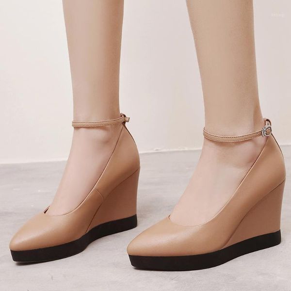 

sarairis 2020 spring new female office cool shallow platform pumps genuine leather high pumps women high wedges shoes woman1, Black