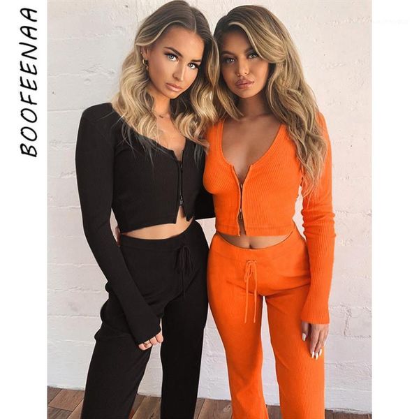 

two piece dress boofeenaa set orange knit long sleeve crop and split sweat pants tracksuit women matching sets c66-971, White