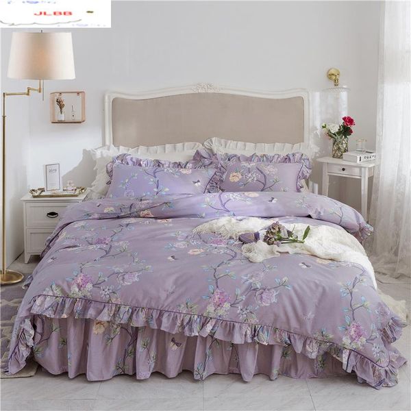 

100% cotton purple bedding set twin  king size 4pcs luxury europe duvet cover set flowers bed skirt pillowcase bedclothes