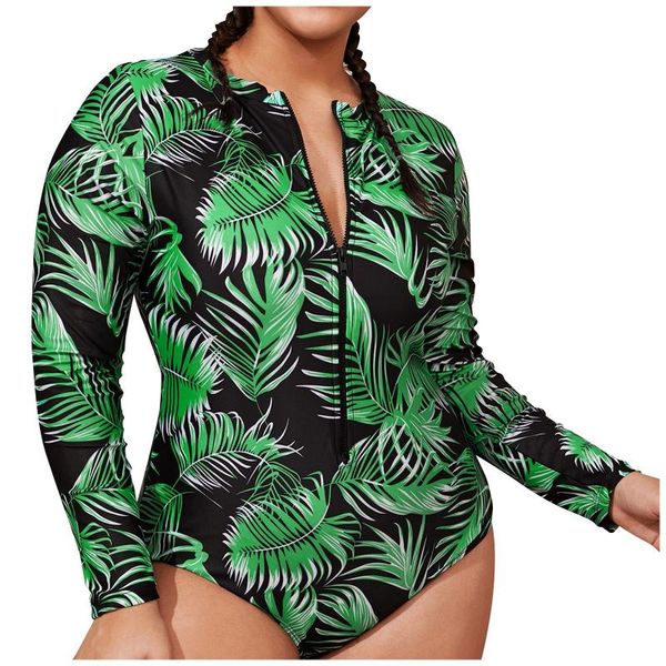 

bikini 2021 women's long sleeve printed onepiece zip conservative plus size swimsuit beachwear brazilian bather bathing suit, White;black