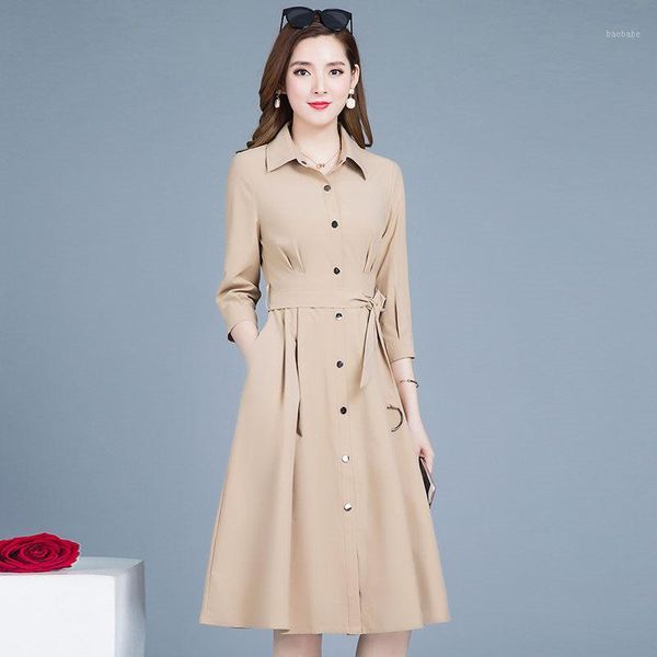 

windbreaker dress women's long section fashion simple lady temperament single breasted cardigan jacket dress plus size 5xl k4171, Tan;black