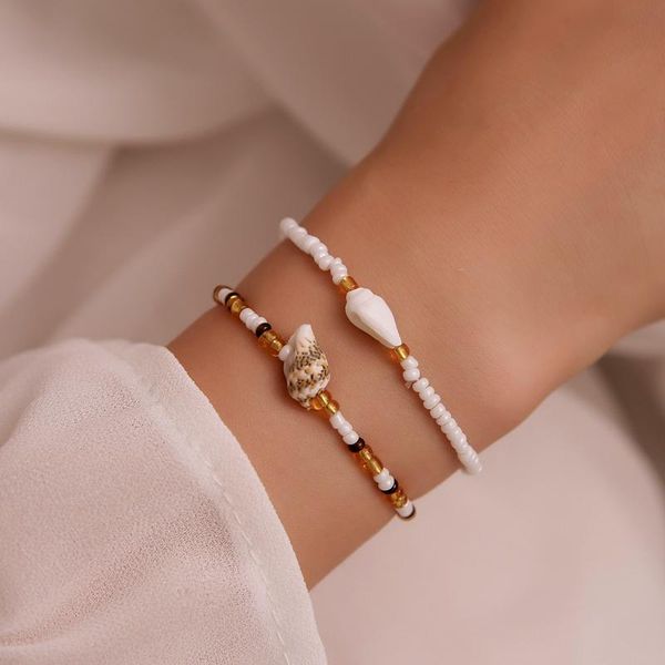 

charm bracelets jumplim hand-woven string millet bead shell conch color summer beach jewelry two-piece ethnic style bracelet woman, Golden;silver