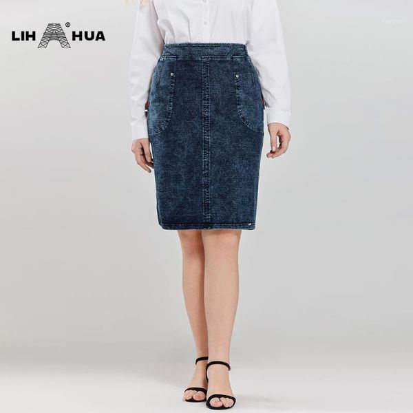 

lih hua women's plus size casual denim skirt high flexibility fashion skirt knitted denim1, Black