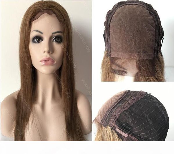 

color 6 light brown brazilian hair silky straight 4x4 silk full lace wig 4x4 glueless silk lace front wig ing, Black;brown