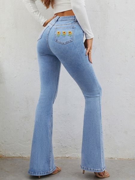 

high waisted floral embroidered flare leg jeans v99x#, Blue