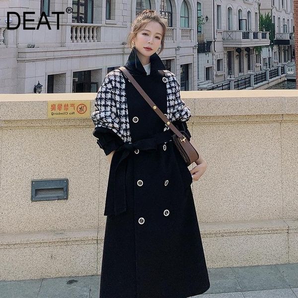 

deat] plaid patchwork high street thick woolen coat women slim loosewith sashes wild trench 2020 new autumn fashion tide tu386, Black