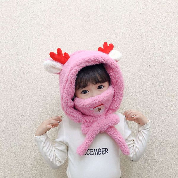 

children's mask suit autumn warm winter new scarf antler boys and girls plush fce lace up hat xvp7, Red;brown
