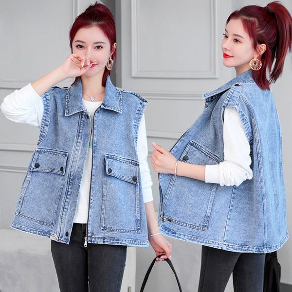 

women's vests spring summer women jeans vest coat plus size casual loose zipper big pockets turn- down collar sleeveless cowboy overcoa, Black;white