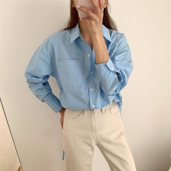 

autumn brief solid minimalist stylish lady loose drawstring 2021 all match work wear new shirts1, White