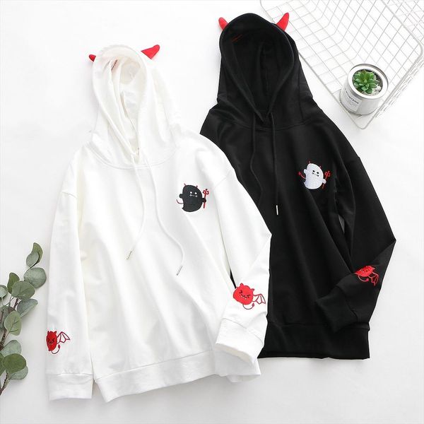 

women girl kawaii hoodie sweatshirt japanese harajuku demon punk gothic college style cute little devil embroidery 904 b310, Black