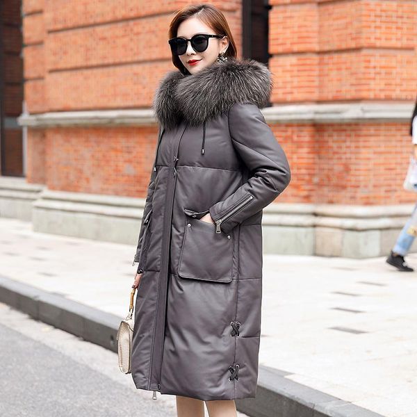 

genuine leather jacket women sheepskin coat female hooded winter down jackets raccoon dog fur collar 2020 femme veste pph2519, Black