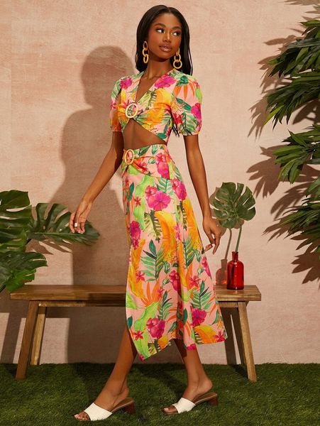 

floral puff sleeve crop & split thigh skirt set e5pd#, White