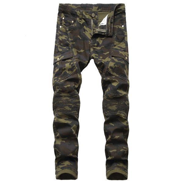 

new men's camouflage fold splicing slim casual small straight jeans pants, Blue