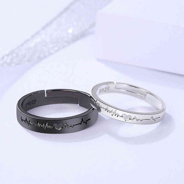 

2pcs love heart electrocardiogram couple open rings for women men lover black silver color engagement wedding valentine'day gift