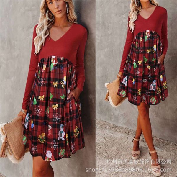 

v-neck 2020 christmas dress high waist splicing long sleeve plaid print a-line skirt, Black;gray