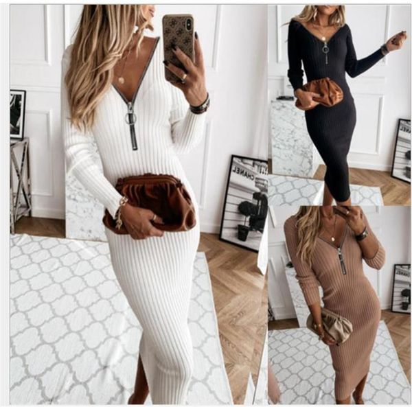 

long knitted dress for women slim solid long sleeve pencil dress autumn winter v neck zipper, Black;gray