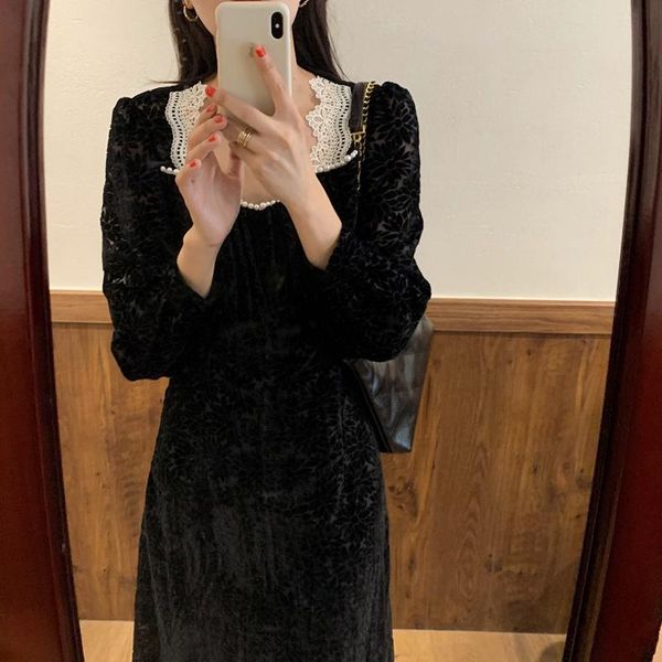 

alien kitty 2021 women french pearl retro square collar dresses floral loose long gentle elegant chic female fashion clothe, Black;gray