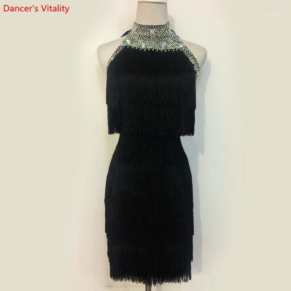 

stage wear competition latin cha-cha dress sleeveless dance girl professional skirt tassel1, Black;red