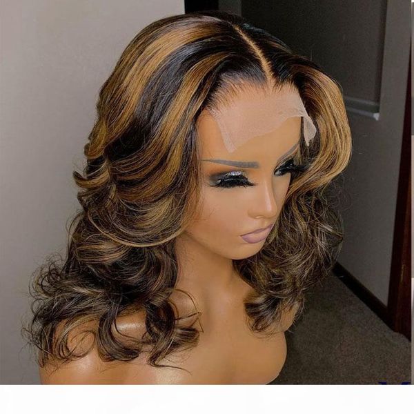 

ombre highlight lace front wig with baby hair body wave 13x4 pre plucked short bob human hair wig for women 180 density, Black;brown
