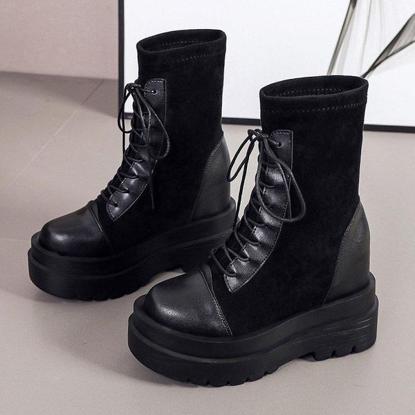 

rubber wedges shoes for women martin boots round toe ankle boots for women botas lace-up fashion short shoes autumn, Black