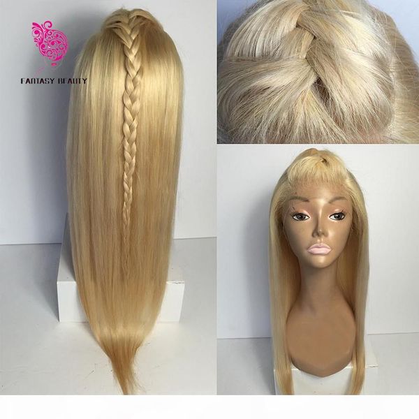 

fantasy beauty straight blonde lace front human hair wig with baby hair brazilian virgin hair #613 full lace wig pre plucked hairline, Black;brown
