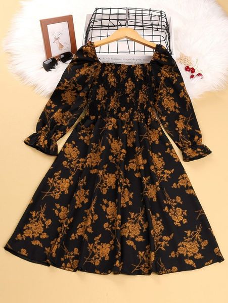 

girls floral print flounce sleeve shirred dress she, Red;yellow