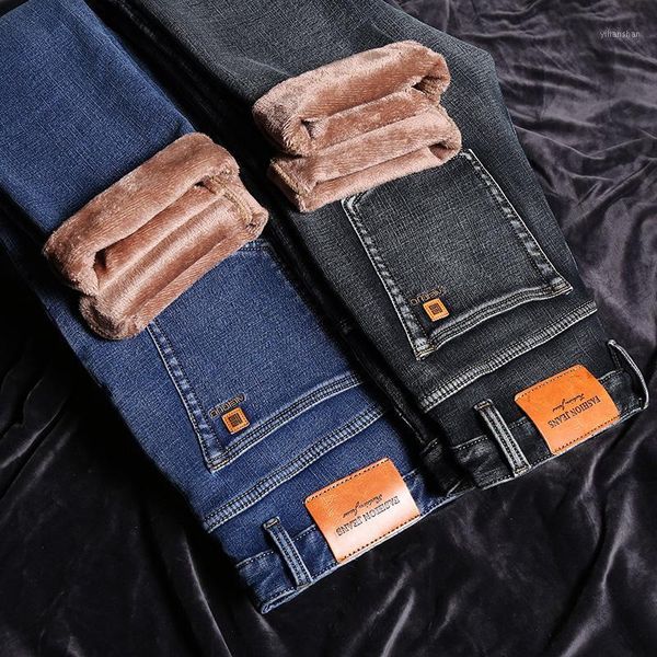 

men's fitted straight winter warm jeans comfortable fleece thick brand clothing classic embroidery fashion jeans1, Blue
