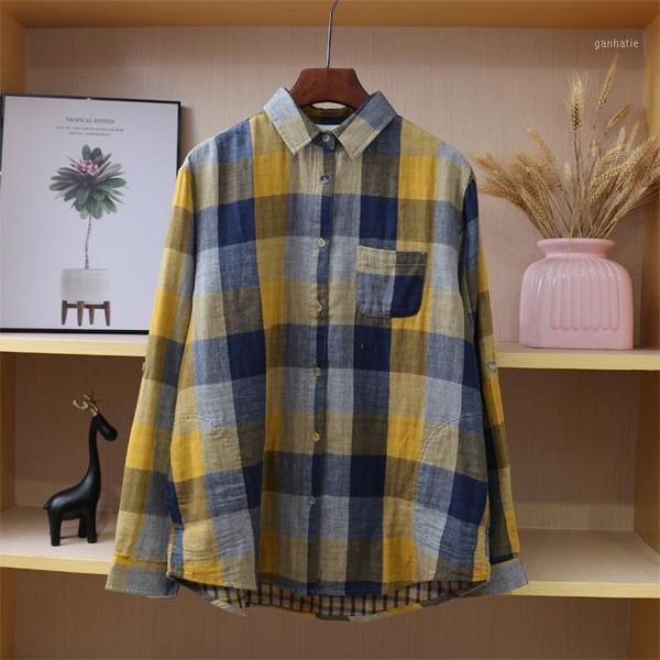 

2021 new autumn women cotton plaid shirt literary vintage turndown collar loose women casual blouse1, White