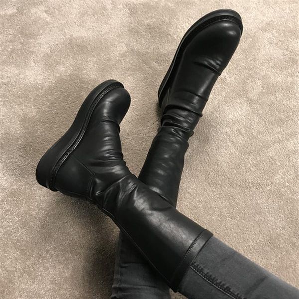 

fashion women mid-calf boots slim fit sock boots thick sole flat shoes woman female soft leather botas mujer autumn flats1, Black
