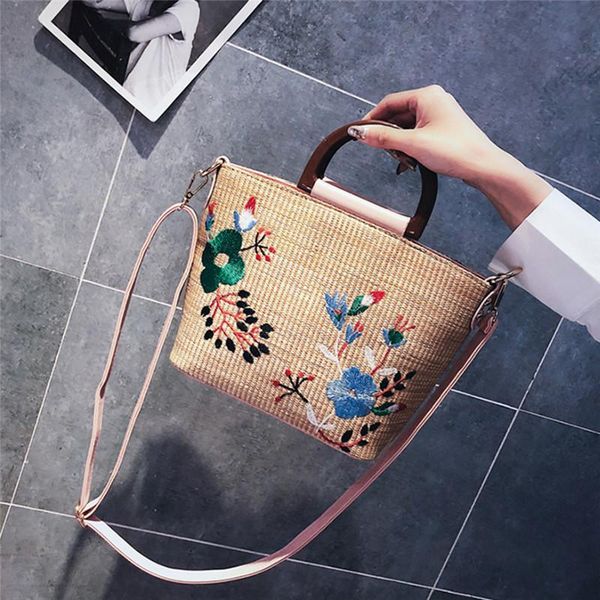 

fashion embroidery flower rattan handbags tote bags for women slung portable small bag large capacity zipper beach handbag
