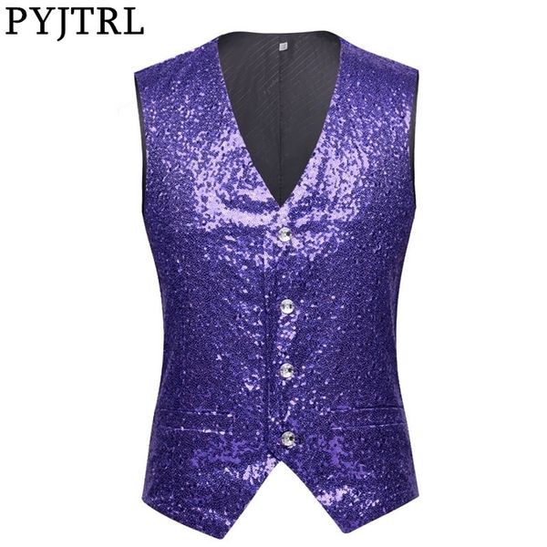 

pyjtrl men paillette waistcoat luxurious purple lavender pink full sequins wedding groom vest gilet homme dj bar singers costume 201106, Black;white