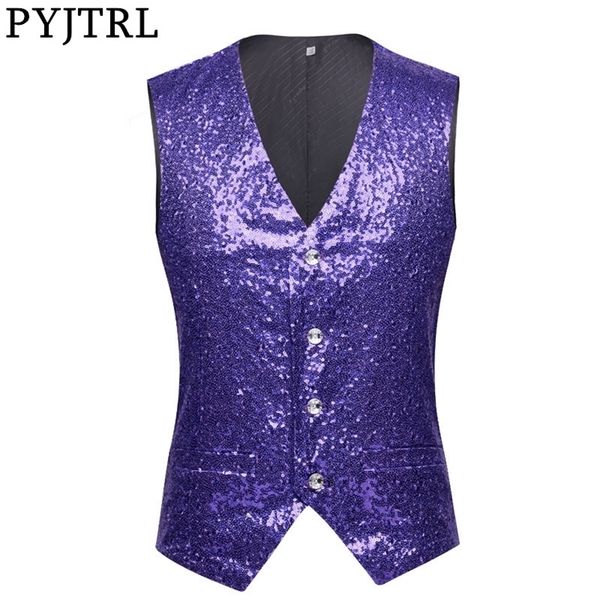 Pyjtrl homens paillette waistcoat luxurious roxo lavanda rosa lantejoulas de casamento veste colete gilet homme dj bar cantores traje 201106